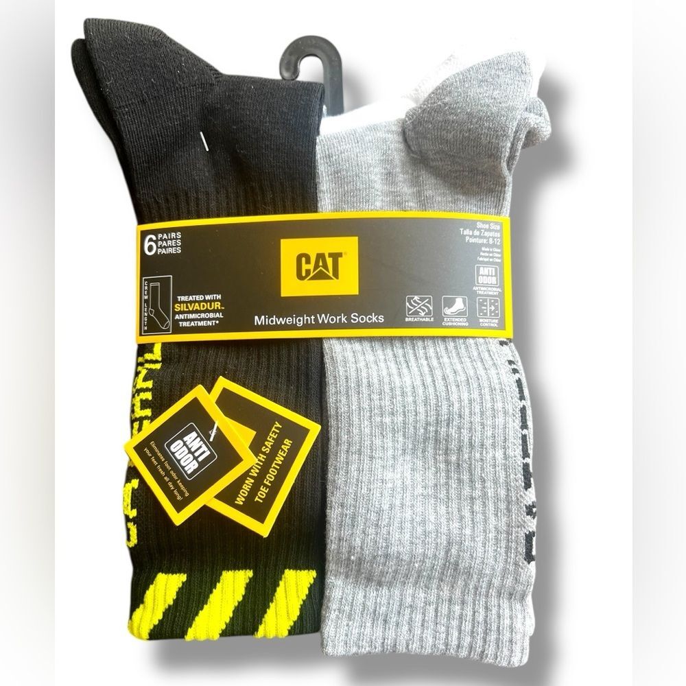 CAT Caterpillar Black, White & Gray Midweight Work Socks 6 Pack Anti Odor NWT